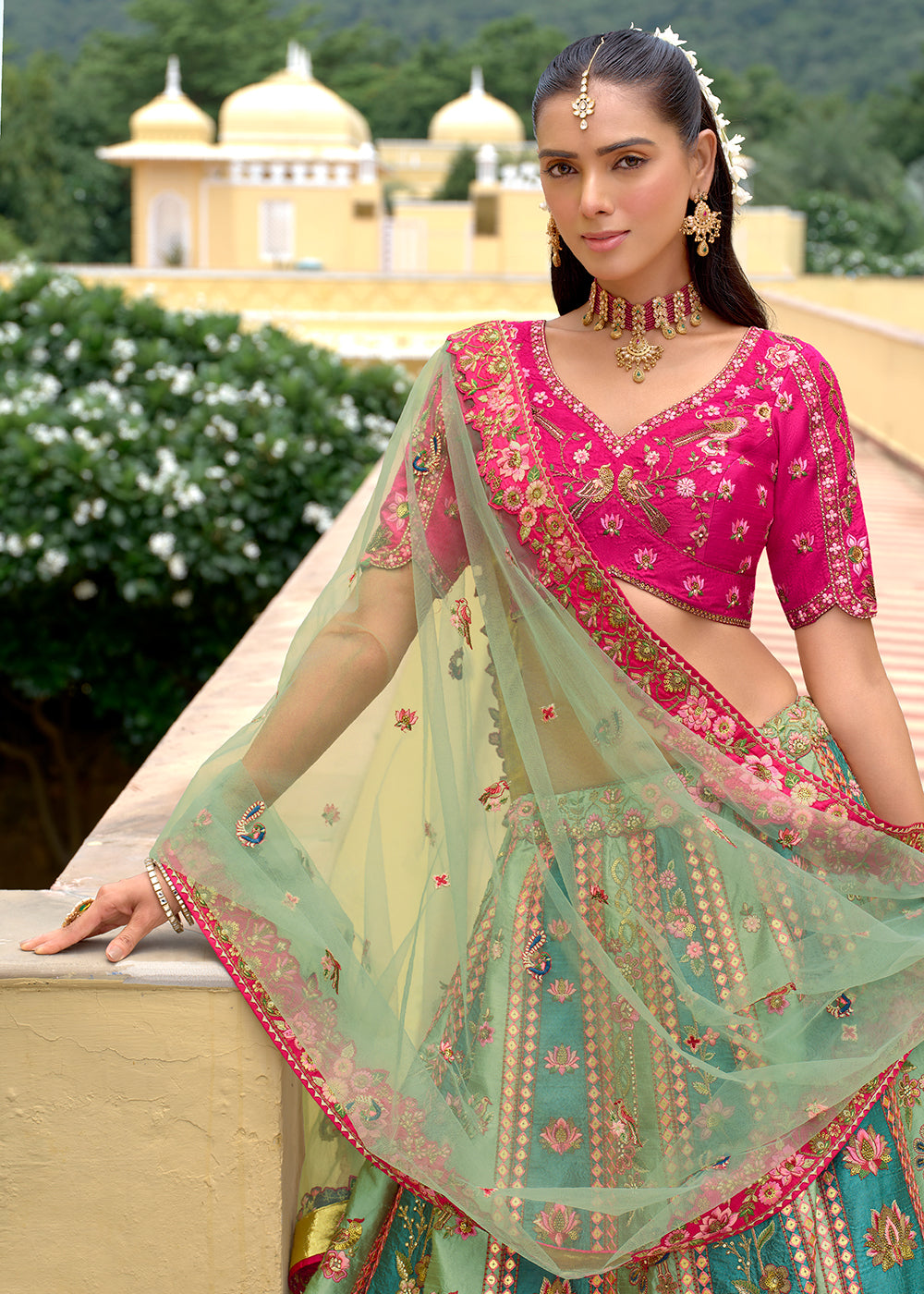 Buy Now Exclusive Multi Green Silk Bridal Designer Lehenga Choli Online in US, UK, Canada, France, Italy, Germany, Australia, Greece, UAE & Worldwide at Empress.