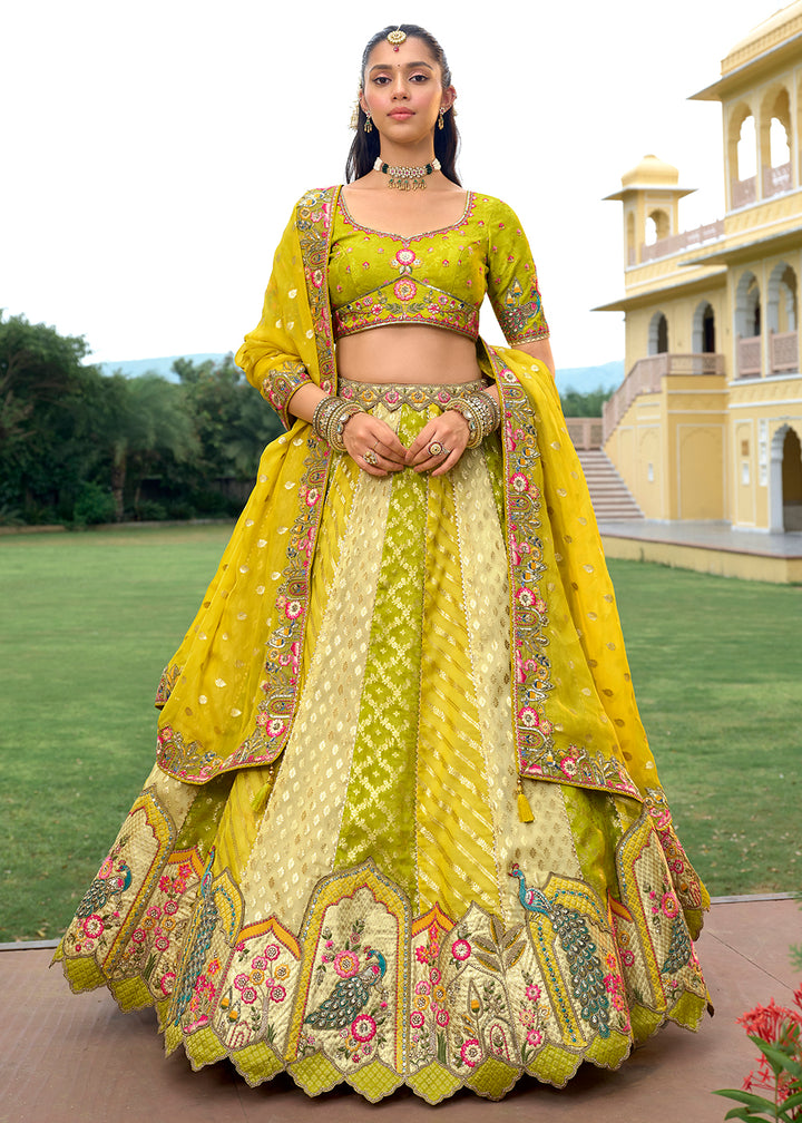 Buy Now Exclusive Yellow & Green Silk Bridal Designer Lehenga Choli Online in US, UK, Canada, France, Italy, Germany, Australia, Greece & Worldwide at Empress.