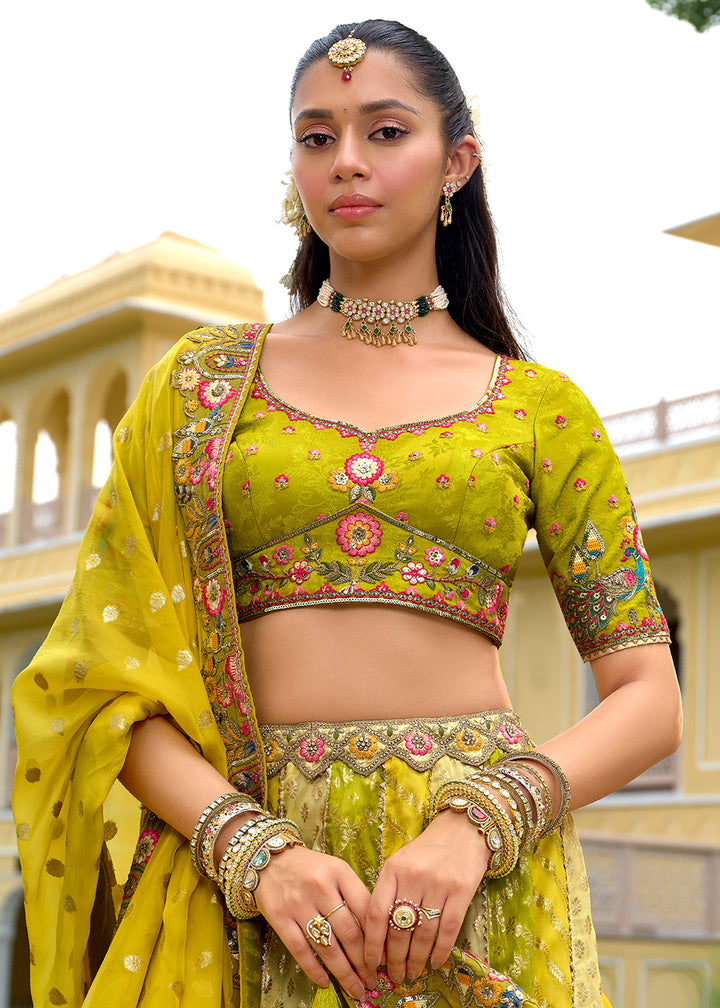 Buy Now Exclusive Yellow & Green Silk Bridal Designer Lehenga Choli Online in US, UK, Canada, France, Italy, Germany, Australia, Greece & Worldwide at Empress.
