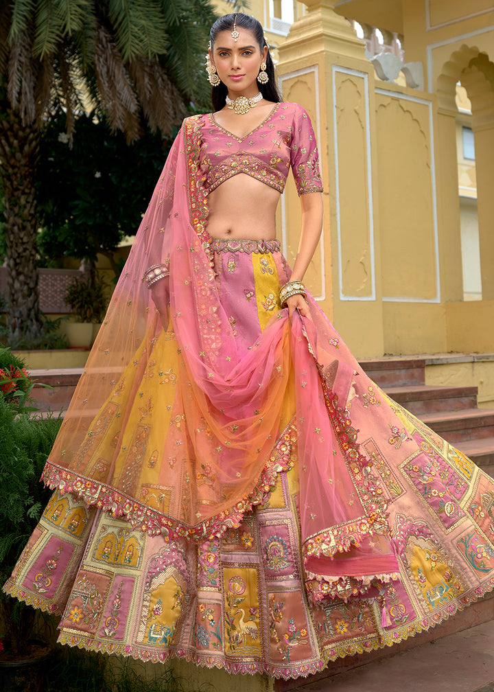 Buy Now Exclusive Yellow & Pink Silk Bridal Designer Lehenga Choli Online in US, UK, Canada, France, Italy, Germany, Australia, Greece & Worldwide at Empress.