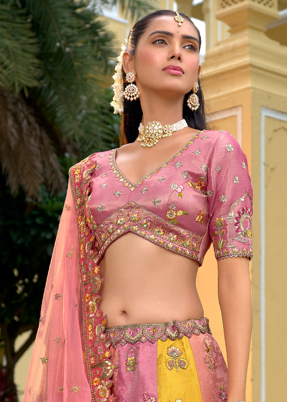 Buy Now Exclusive Yellow & Pink Silk Bridal Designer Lehenga Choli Online in US, UK, Canada, France, Italy, Germany, Australia, Greece & Worldwide at Empress.