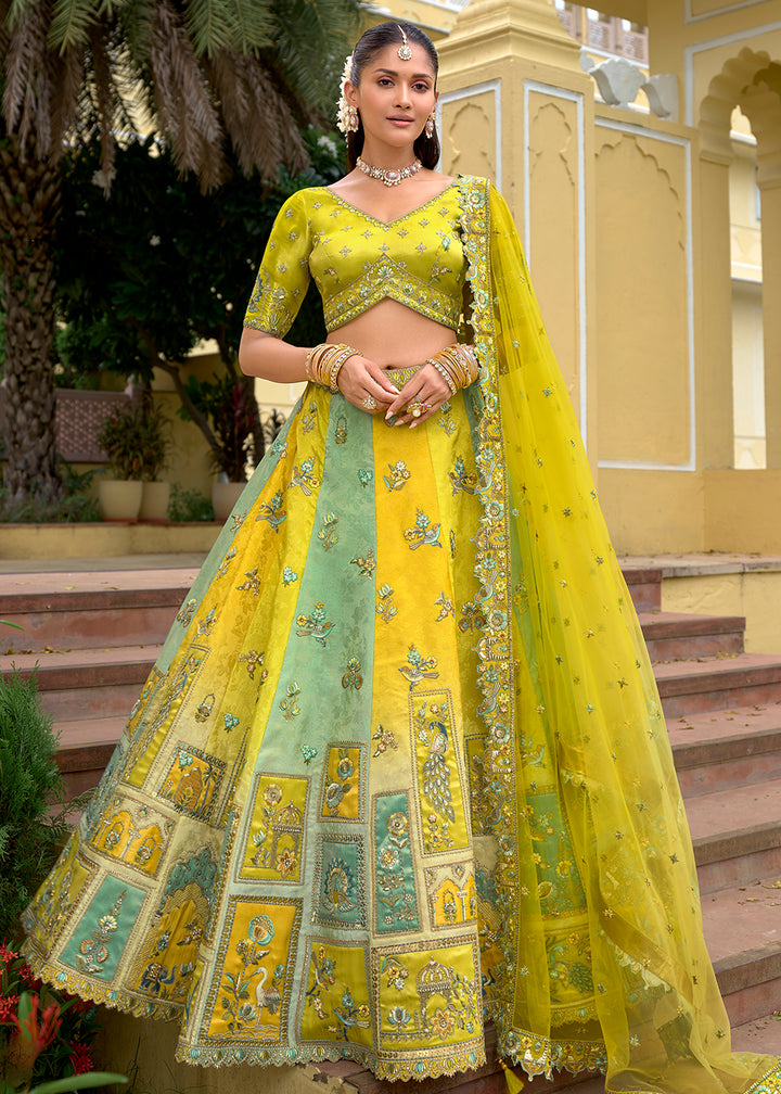 Buy Now Exclusive Green & Yellow Silk Bridal Designer Lehenga Choli Online in US, UK, Canada, France, Italy, Germany, Australia, Greece & Worldwide at Empress.
