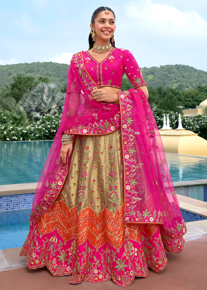 Buy Now Exclusive Pink & Beige Silk Bridal Designer Lehenga Choli Online in US, UK, Canada, France, Italy, Germany, Australia, Greece & Worldwide at Empress.