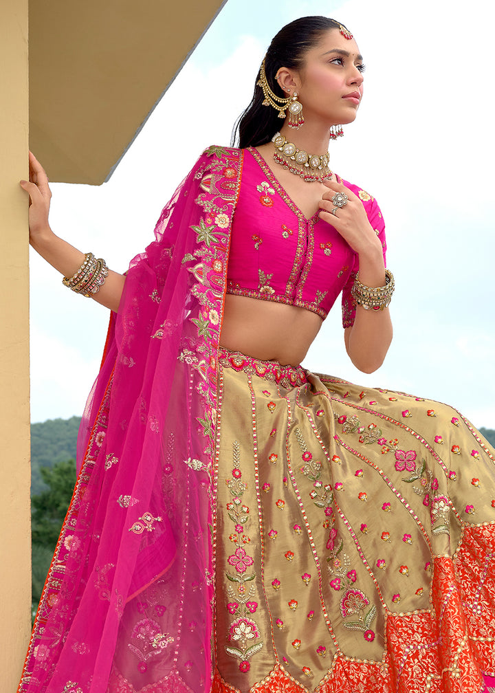 Buy Now Exclusive Pink & Beige Silk Bridal Designer Lehenga Choli Online in US, UK, Canada, France, Italy, Germany, Australia, Greece & Worldwide at Empress.