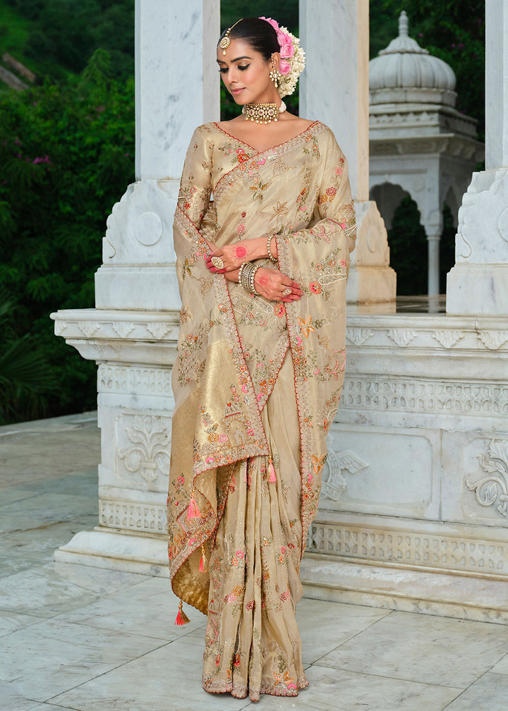 Buy Rani Beige Silk Khatli Embroidered Saree Online in US, UK, Canada, France, Germany, Denmark, Netherlands, Sweden, Greece & Worldwide at Empress.