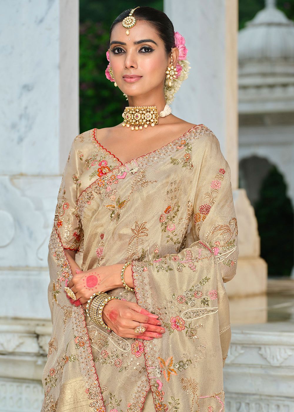 Buy Rani Beige Silk Khatli Embroidered Saree Online in US, UK, Canada, France, Germany, Denmark, Netherlands, Sweden, Greece & Worldwide at Empress.