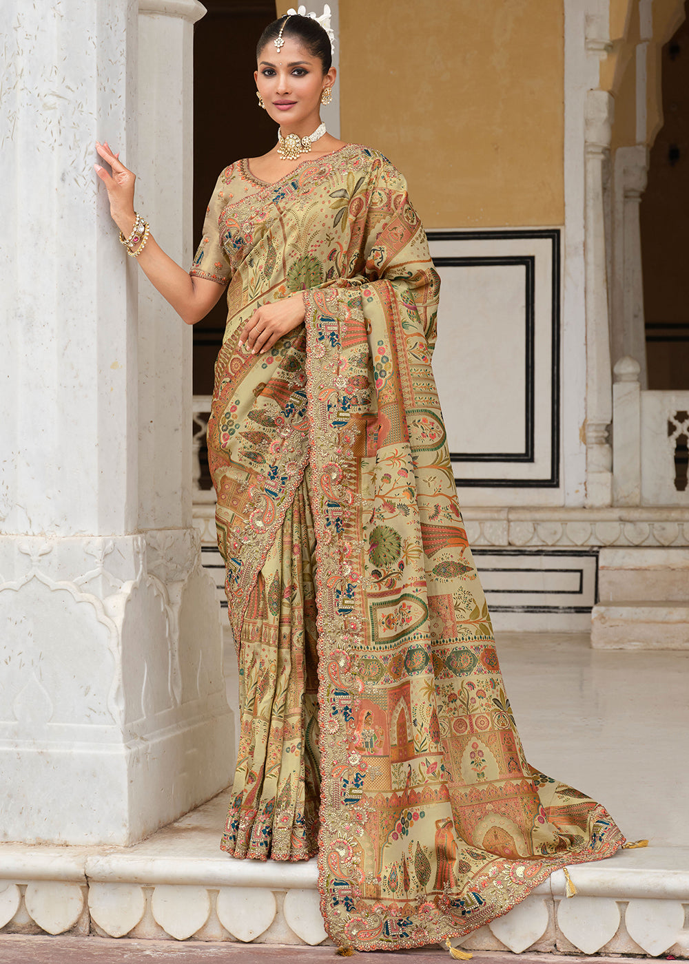Buy Dusty Cream & Green Silk Khatli Embroidered Saree Online in US, UK, Canada, France, Germany, Denmark, Netherlands, Sweden, Greece & Worldwide at Empress.