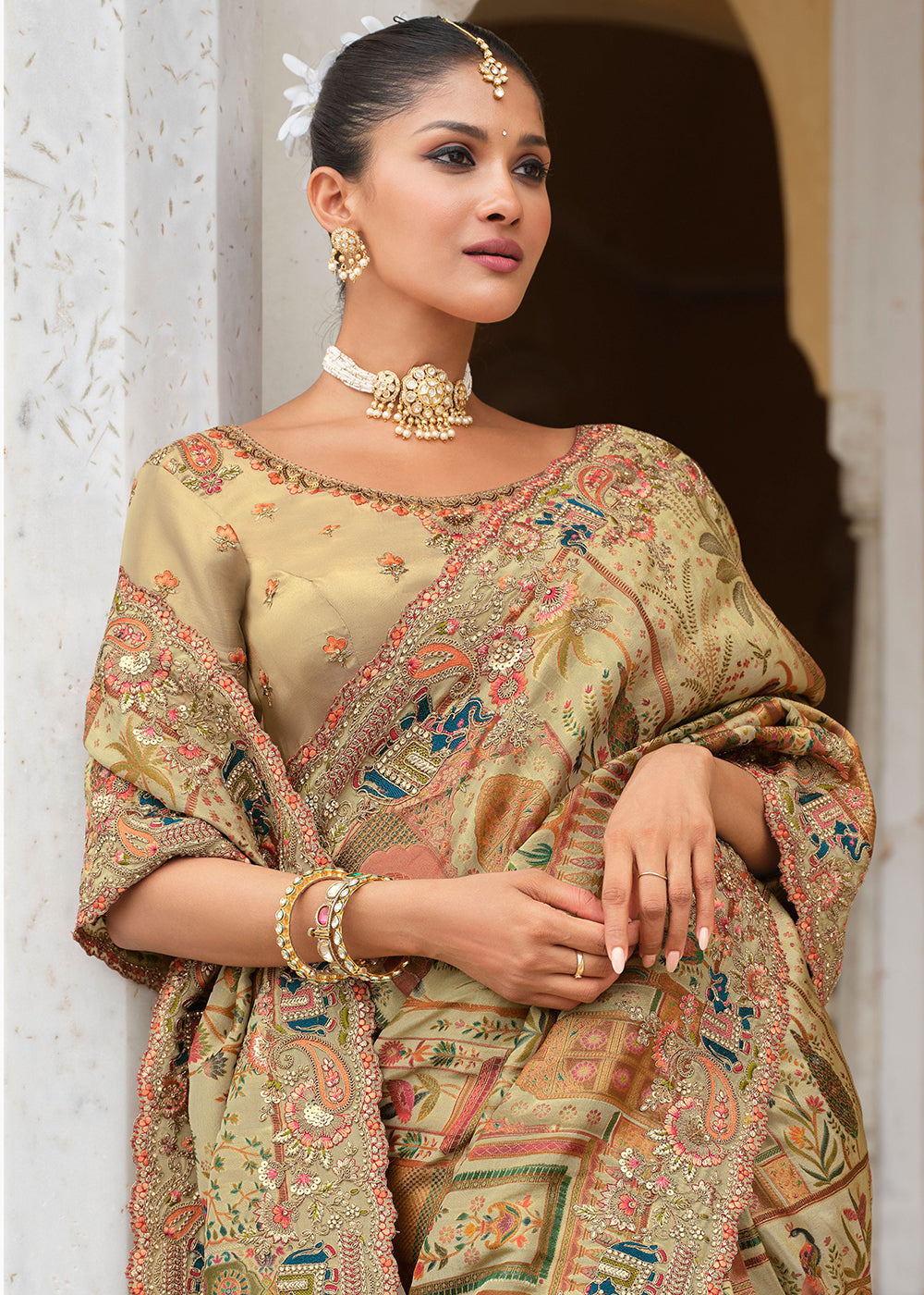 Buy Dusty Cream & Green Silk Khatli Embroidered Saree Online in US, UK, Canada, France, Germany, Denmark, Netherlands, Sweden, Greece & Worldwide at Empress.