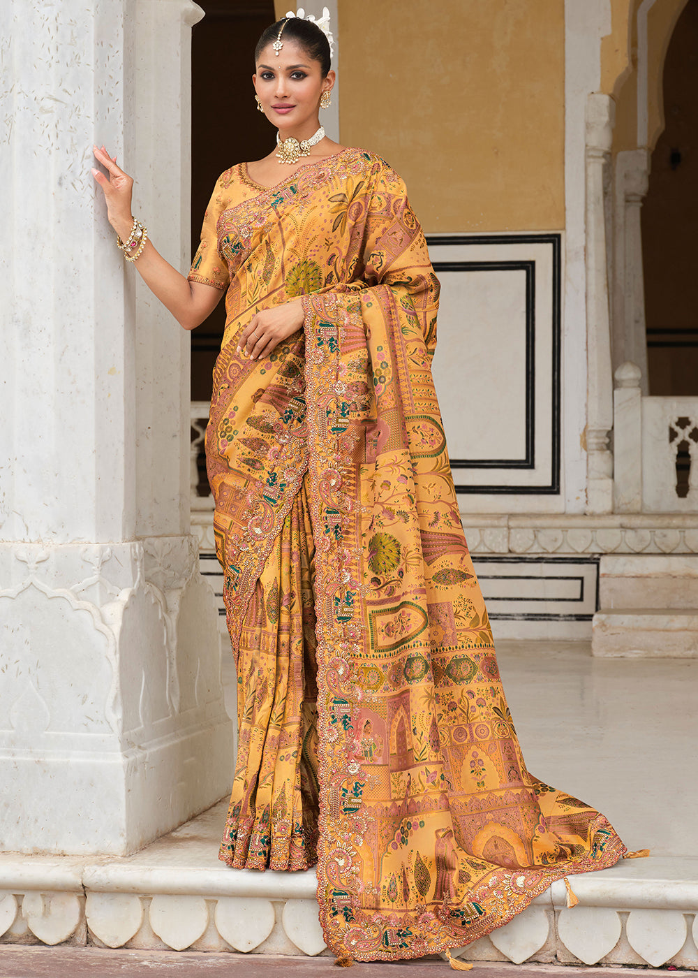 Buy Orange & Yellow Silk Khatli Embroidered Saree Online in US, UK, Canada, France, Germany, Denmark, Netherlands, Sweden, Greece, UAE & Worldwide at Empress.