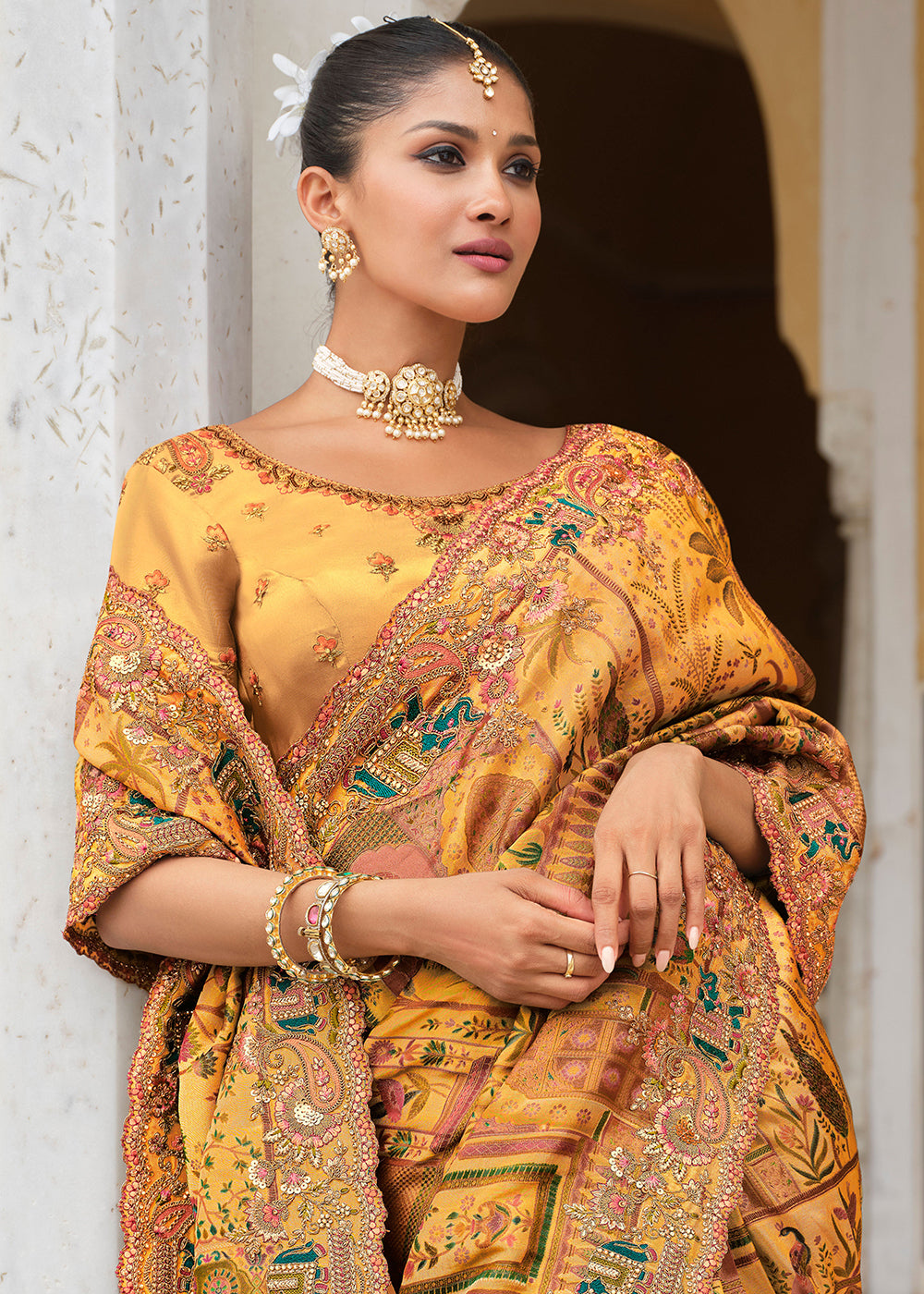 Buy Orange & Yellow Silk Khatli Embroidered Saree Online in US, UK, Canada, France, Germany, Denmark, Netherlands, Sweden, Greece, UAE & Worldwide at Empress.