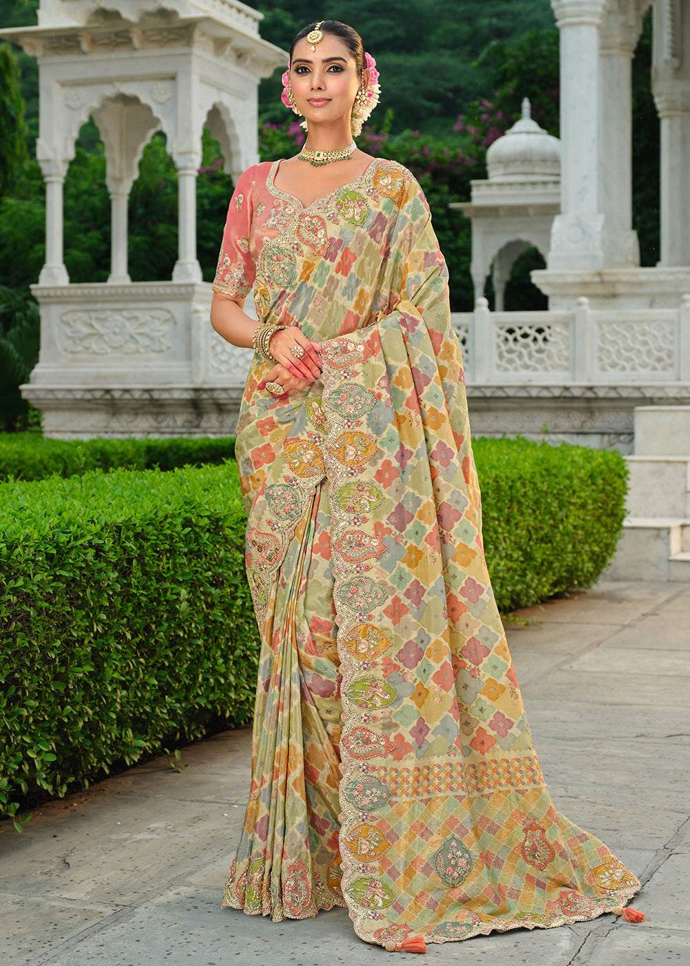Buy Multicolor Silk Khatli Embroidered Saree Online in US, UK, Canada, France, Germany, Denmark, Netherlands, Sweden, Greece, UAE & Worldwide at Empress.