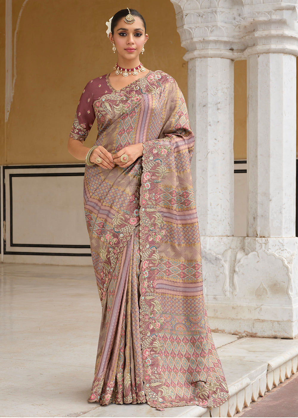 Buy Multicolor Mauve Silk Khatli Embroidered Saree Online in US, UK, Canada, France, Germany, Denmark, Netherlands, Sweden, Greece, UAE & Worldwide at Empress.
