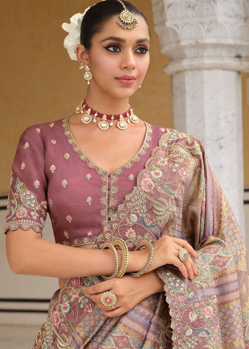 Buy Multicolor Mauve Silk Khatli Embroidered Saree Online in US, UK, Canada, France, Germany, Denmark, Netherlands, Sweden, Greece, UAE & Worldwide at Empress.