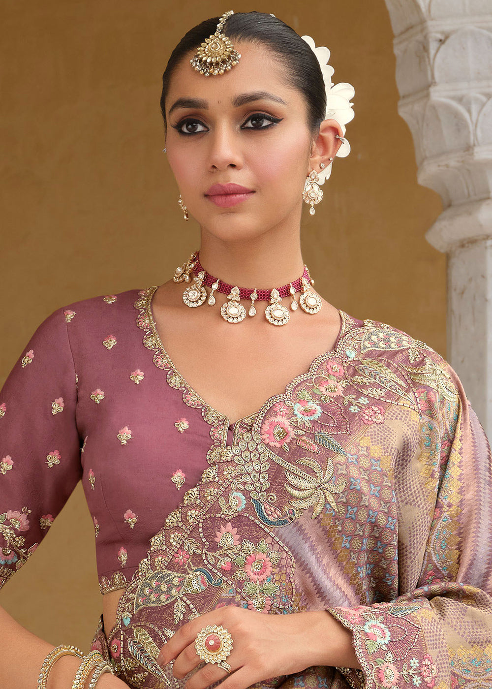 Buy Multicolor Mauve Silk Khatli Embroidered Saree Online in US, UK, Canada, France, Germany, Denmark, Netherlands, Sweden, Greece, UAE & Worldwide at Empress.