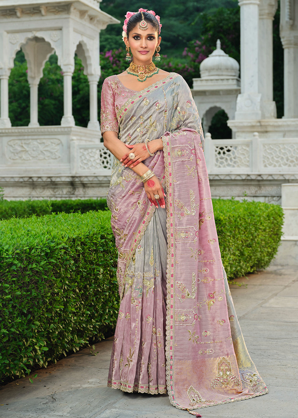 Buy Silver & Lilac Silk Khatli Embroidered Saree Online in US, UK, Canada, France, Germany, Denmark, Netherlands, Sweden, Greece, UAE & Worldwide at Empress.