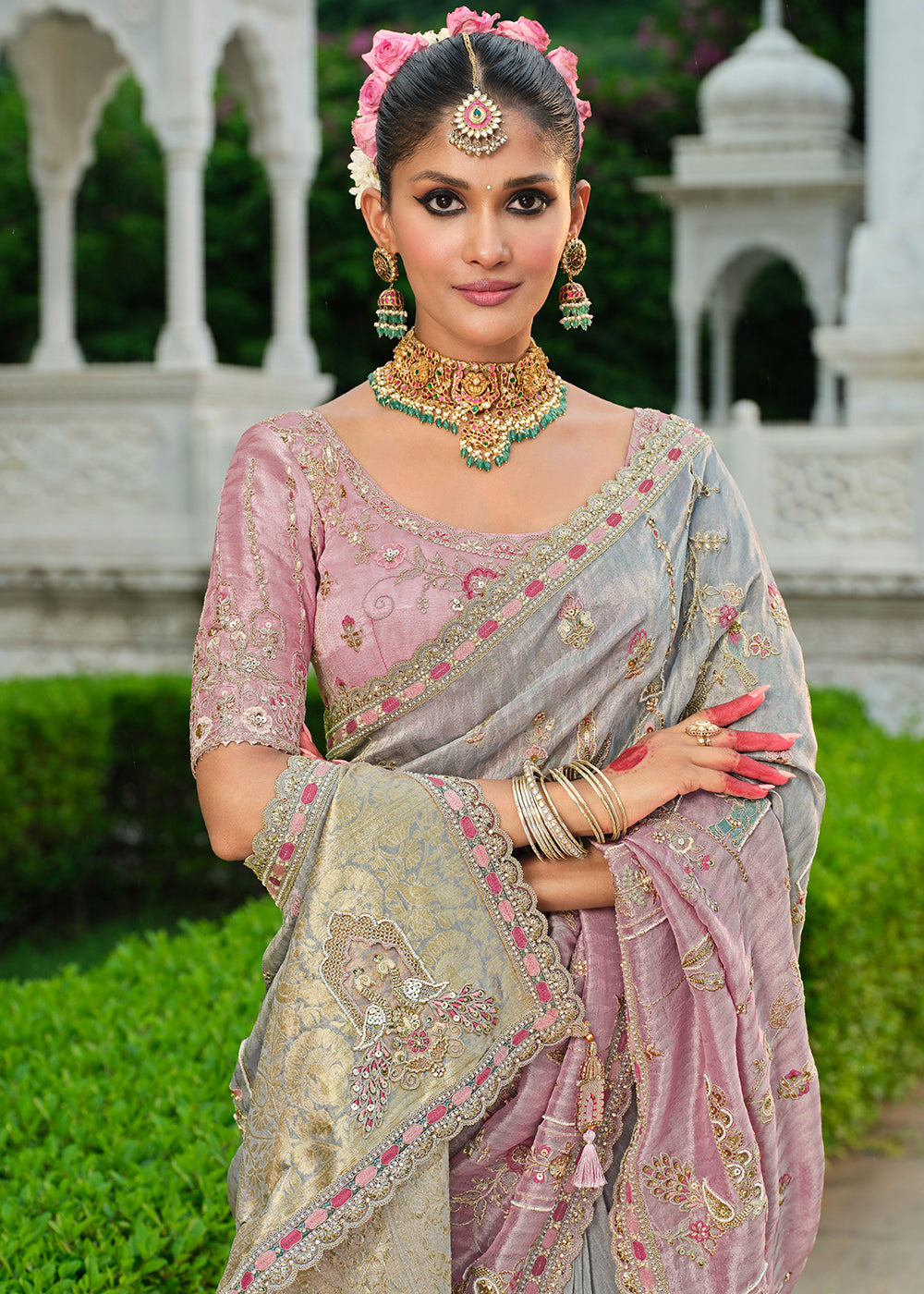 Buy Silver & Lilac Silk Khatli Embroidered Saree Online in US, UK, Canada, France, Germany, Denmark, Netherlands, Sweden, Greece, UAE & Worldwide at Empress.