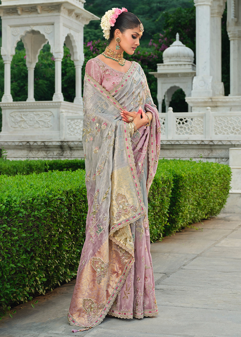Buy Silver & Lilac Silk Khatli Embroidered Saree Online in US, UK, Canada, France, Germany, Denmark, Netherlands, Sweden, Greece, UAE & Worldwide at Empress.