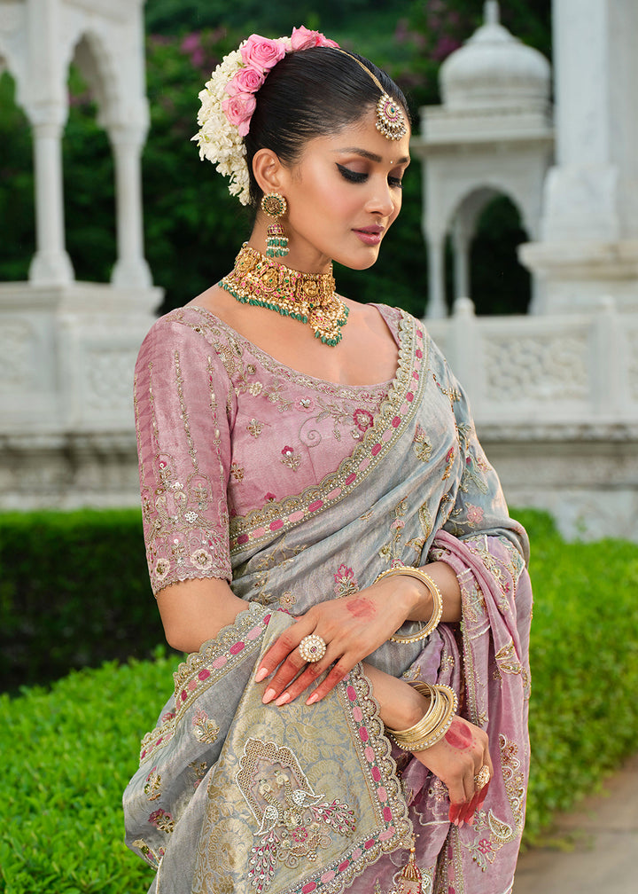 Buy Silver & Lilac Silk Khatli Embroidered Saree Online in US, UK, Canada, France, Germany, Denmark, Netherlands, Sweden, Greece, UAE & Worldwide at Empress.