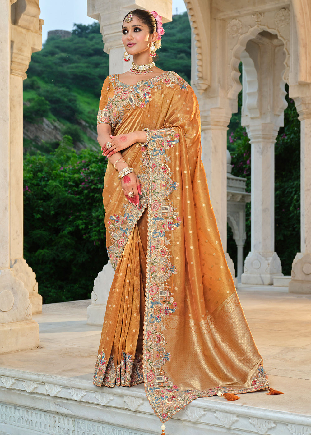 Buy Orange Tissue Silk Khatli Embroidered Saree Online in US, UK, Canada, France, Germany, Denmark, Netherlands, Sweden, Greece, UAE & Worldwide at Empress.