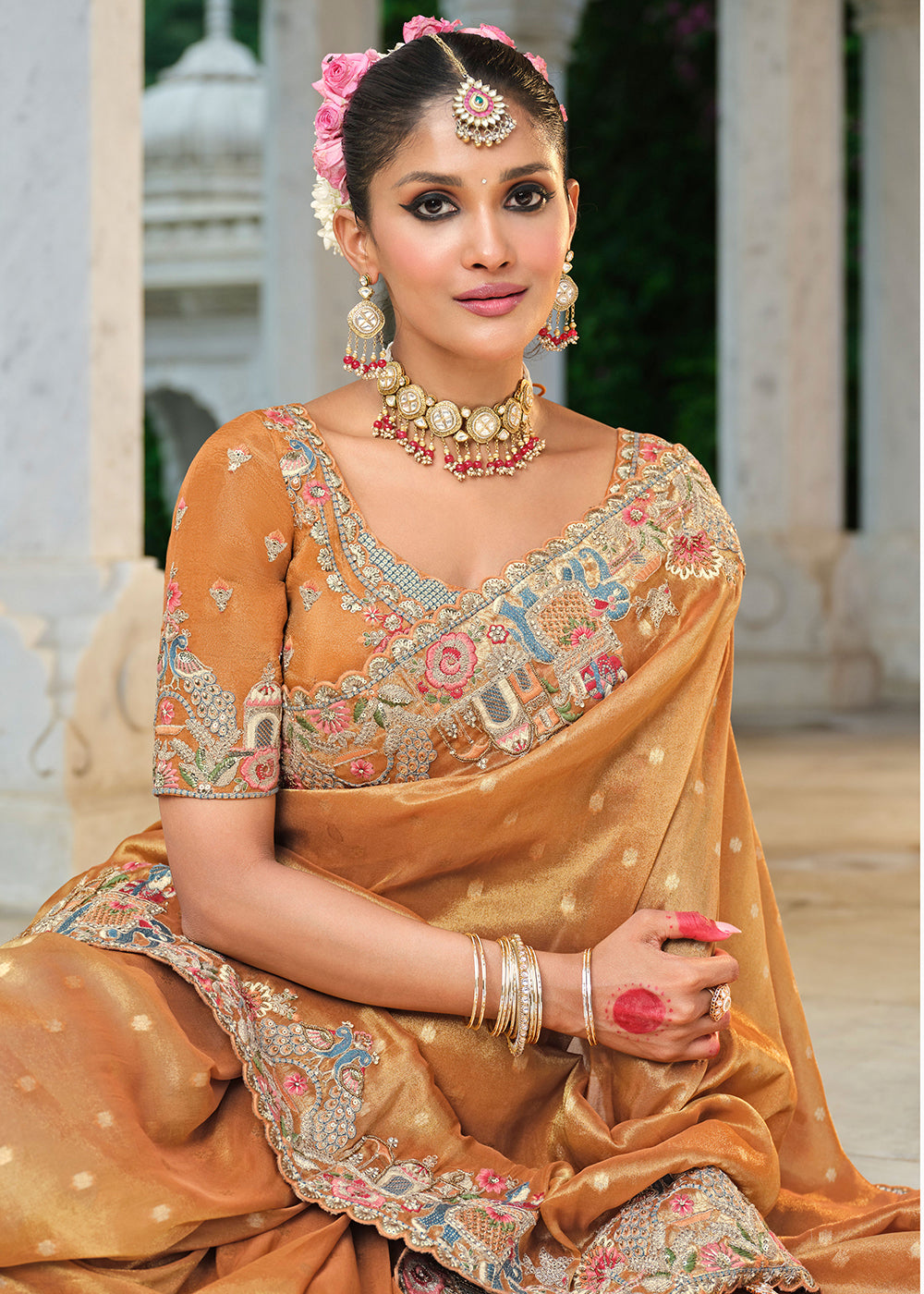 Buy Orange Tissue Silk Khatli Embroidered Saree Online in US, UK, Canada, France, Germany, Denmark, Netherlands, Sweden, Greece, UAE & Worldwide at Empress.