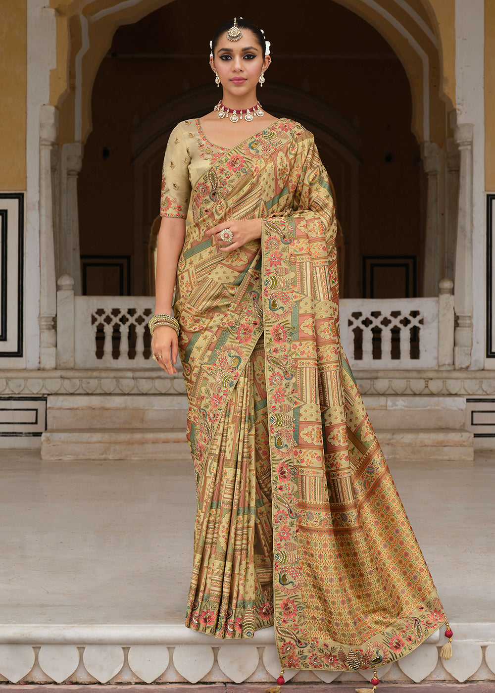 Buy Dusty Cream Silk Khatli Embroidered Saree Online in US, UK, Canada, France, Germany, Denmark, Netherlands, Sweden, Greece, UAE & Worldwide at Empress.