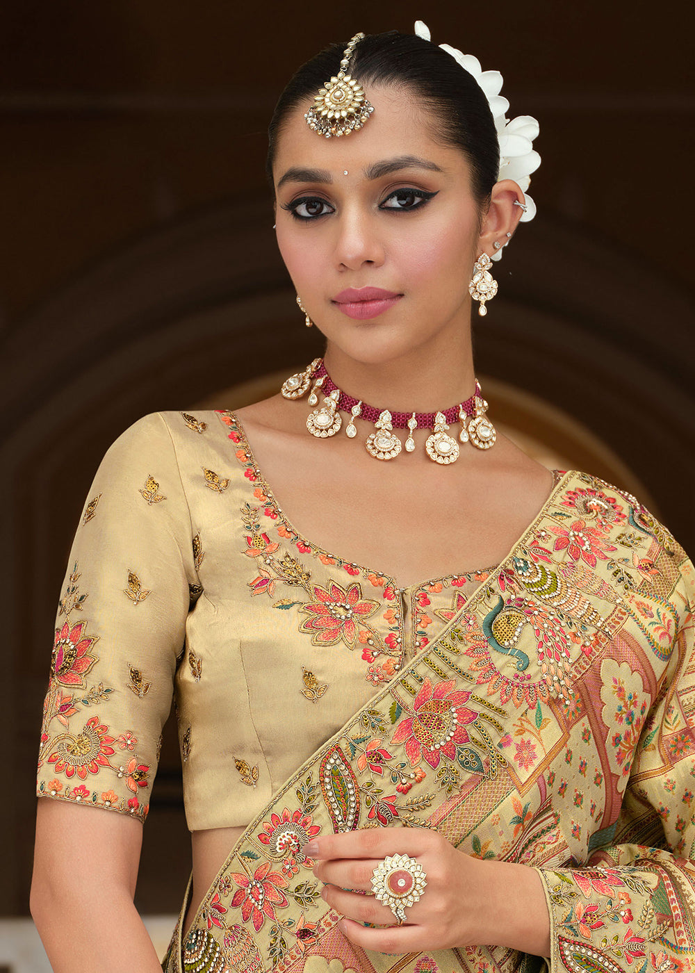 Buy Dusty Cream Silk Khatli Embroidered Saree Online in US, UK, Canada, France, Germany, Denmark, Netherlands, Sweden, Greece, UAE & Worldwide at Empress.