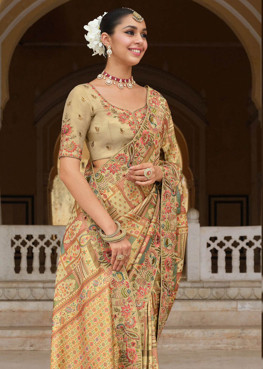 Buy Dusty Cream Silk Khatli Embroidered Saree Online in US, UK, Canada, France, Germany, Denmark, Netherlands, Sweden, Greece, UAE & Worldwide at Empress.