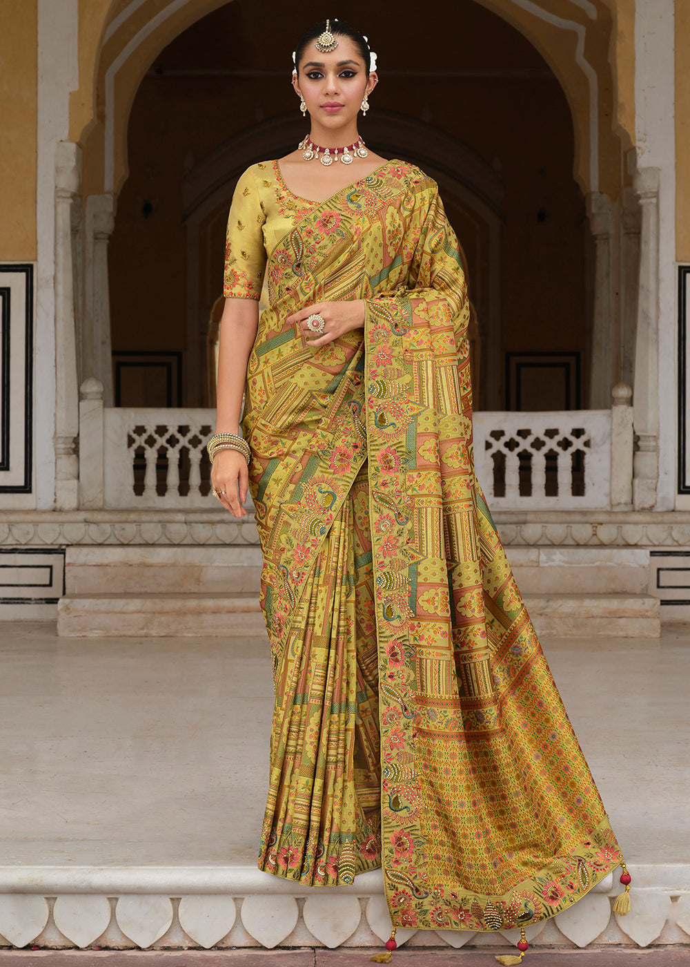 Buy Lime Green Silk Khatli Embroidered Saree Online in US, UK, Canada, France, Germany, Denmark, Netherlands, Sweden, Greece, UAE & Worldwide at Empress.