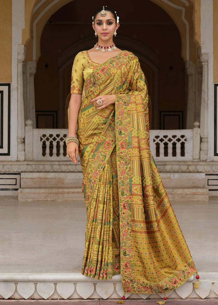 Buy Lime Green Silk Khatli Embroidered Saree Online in US, UK, Canada, France, Germany, Denmark, Netherlands, Sweden, Greece, UAE & Worldwide at Empress.