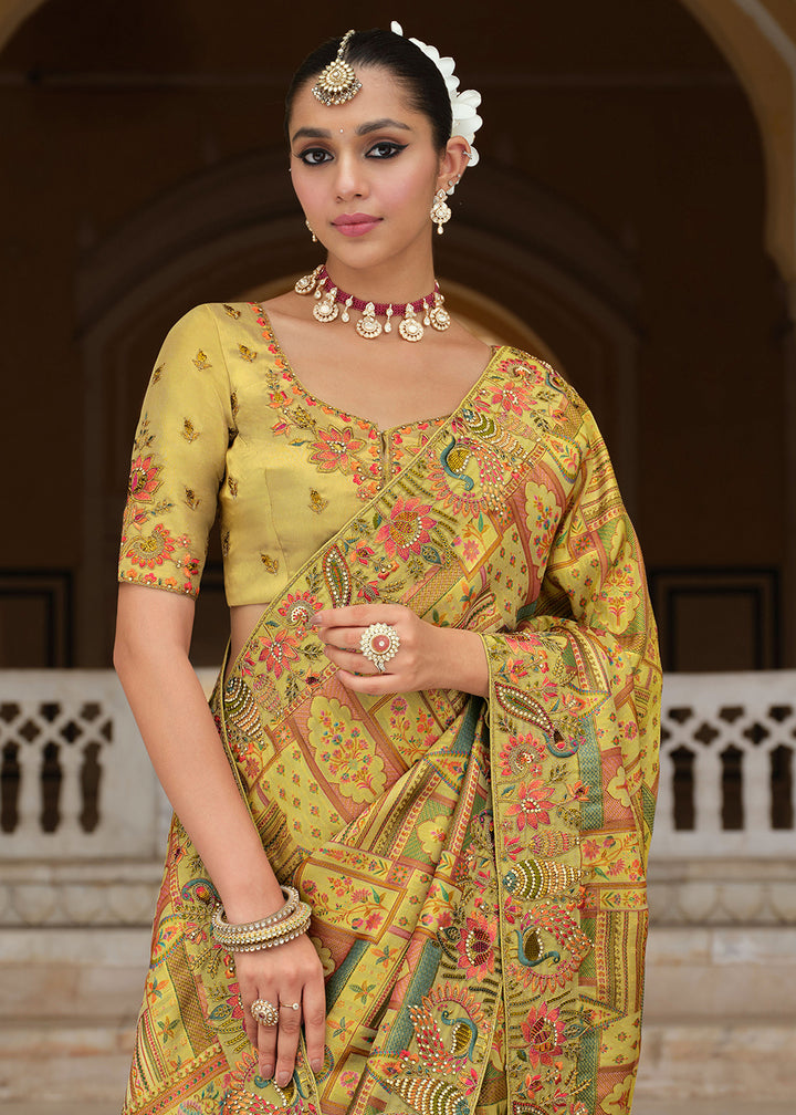 Buy Lime Green Silk Khatli Embroidered Saree Online in US, UK, Canada, France, Germany, Denmark, Netherlands, Sweden, Greece, UAE & Worldwide at Empress.
