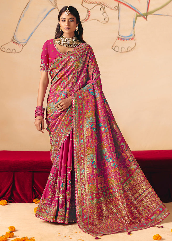 Buy Now Magenta Pink Dola Silk Indina Handloom Weaving Saree Online in US, UK, Canada, France, Germany, Denmark, Sweden, UAE, Greece & Worldwide at Empress.