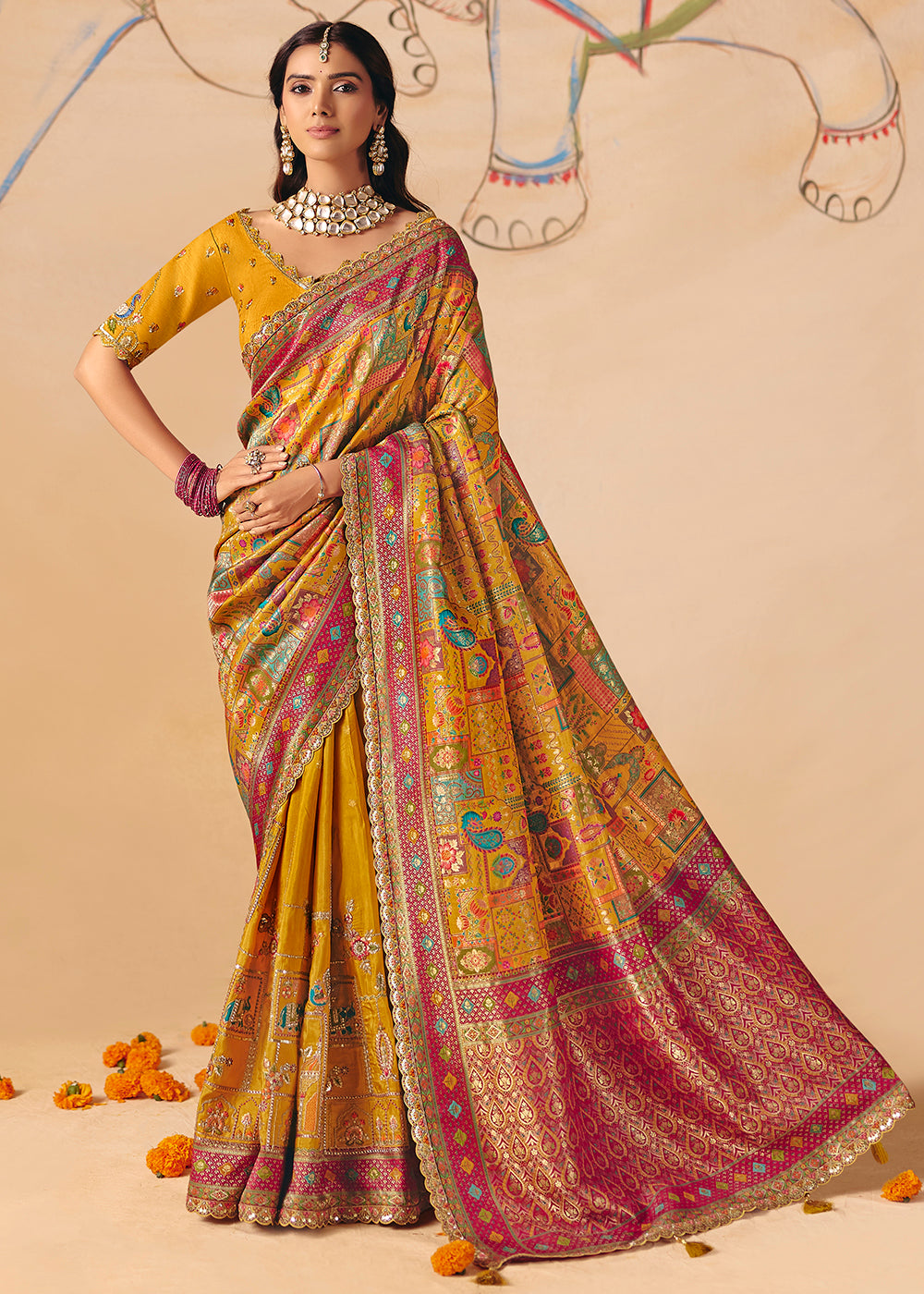 Buy Now Deep Yellow Dola Silk Indina Handloom Weaving Saree Online in US, UK, Canada, France, Germany, Denmark, Sweden, UAE, Greece & Worldwide at Empress.