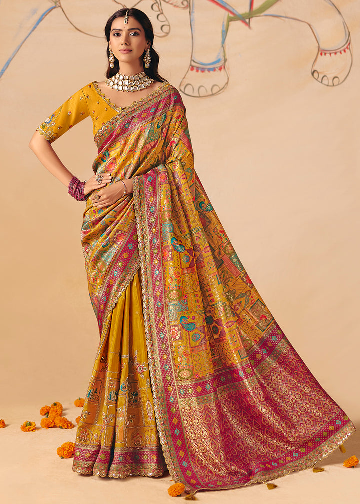 Buy Now Deep Yellow Dola Silk Indina Handloom Weaving Saree Online in US, UK, Canada, France, Germany, Denmark, Sweden, UAE, Greece & Worldwide at Empress.