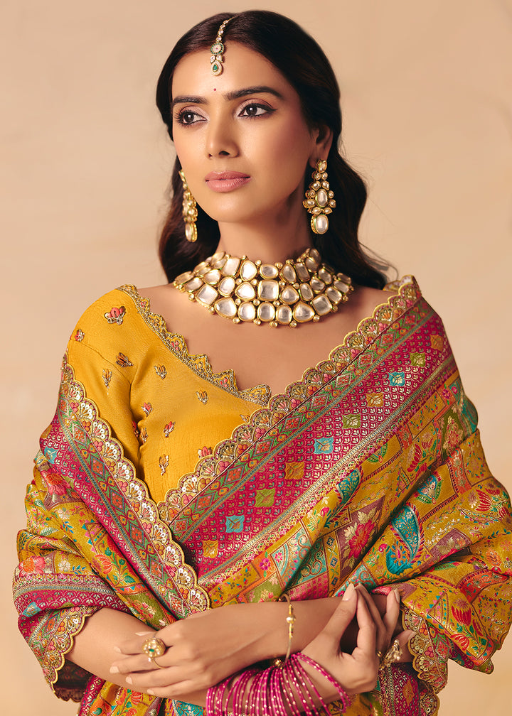 Buy Now Deep Yellow Dola Silk Indina Handloom Weaving Saree Online in US, UK, Canada, France, Germany, Denmark, Sweden, UAE, Greece & Worldwide at Empress.