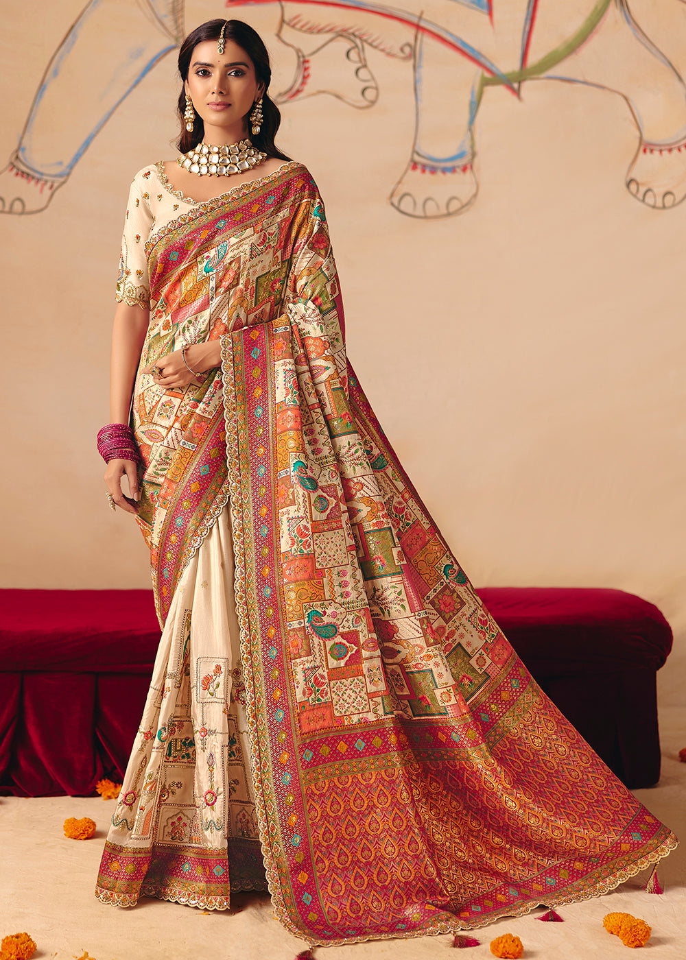 Buy Now Ivory Cream Dola Silk Indina Handloom Weaving Saree Online in US, UK, Canada, France, Germany, Denmark, Sweden, UAE, Greece & Worldwide at Empress.