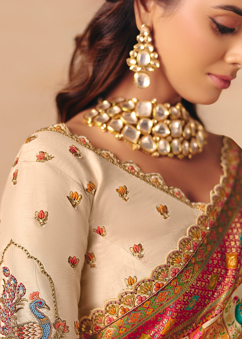 Buy Now Ivory Cream Dola Silk Indina Handloom Weaving Saree Online in US, UK, Canada, France, Germany, Denmark, Sweden, UAE, Greece & Worldwide at Empress.