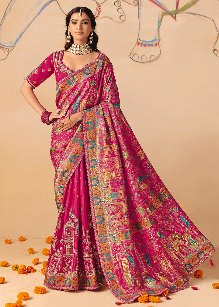 Buy Now Rani Pink Dola Silk Indina Handloom Weaving Saree Online in US, UK, Canada, France, Germany, Denmark, Sweden, UAE, Greece & Worldwide at Empress.