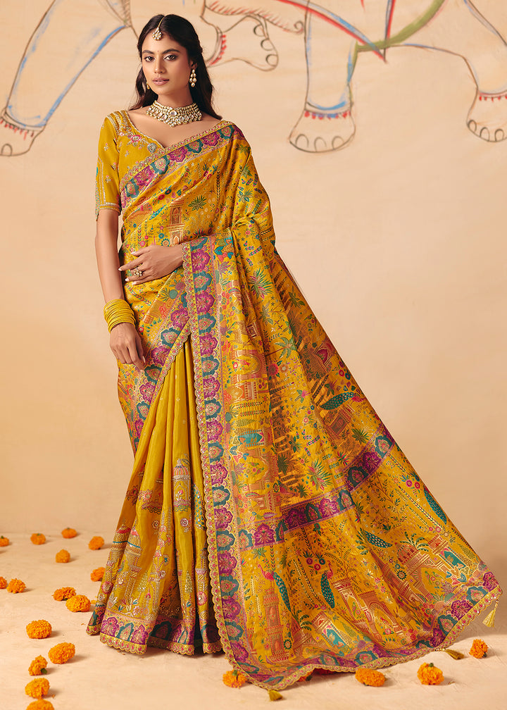 Buy Now Dark Yellow Dola Silk Indina Handloom Weaving Saree Online in US, UK, Canada, France, Germany, Denmark, Sweden, UAE, Greece & Worldwide at Empress.