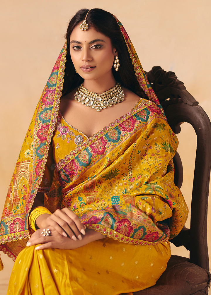 Buy Now Dark Yellow Dola Silk Indina Handloom Weaving Saree Online in US, UK, Canada, France, Germany, Denmark, Sweden, UAE, Greece & Worldwide at Empress.