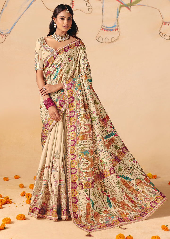 Buy Now Cream Dola Silk Indina Handloom Weaving Saree Online in US, UK, Canada, France, Germany, Denmark, Sweden, UAE, Greece, Italy & Worldwide at Empress.