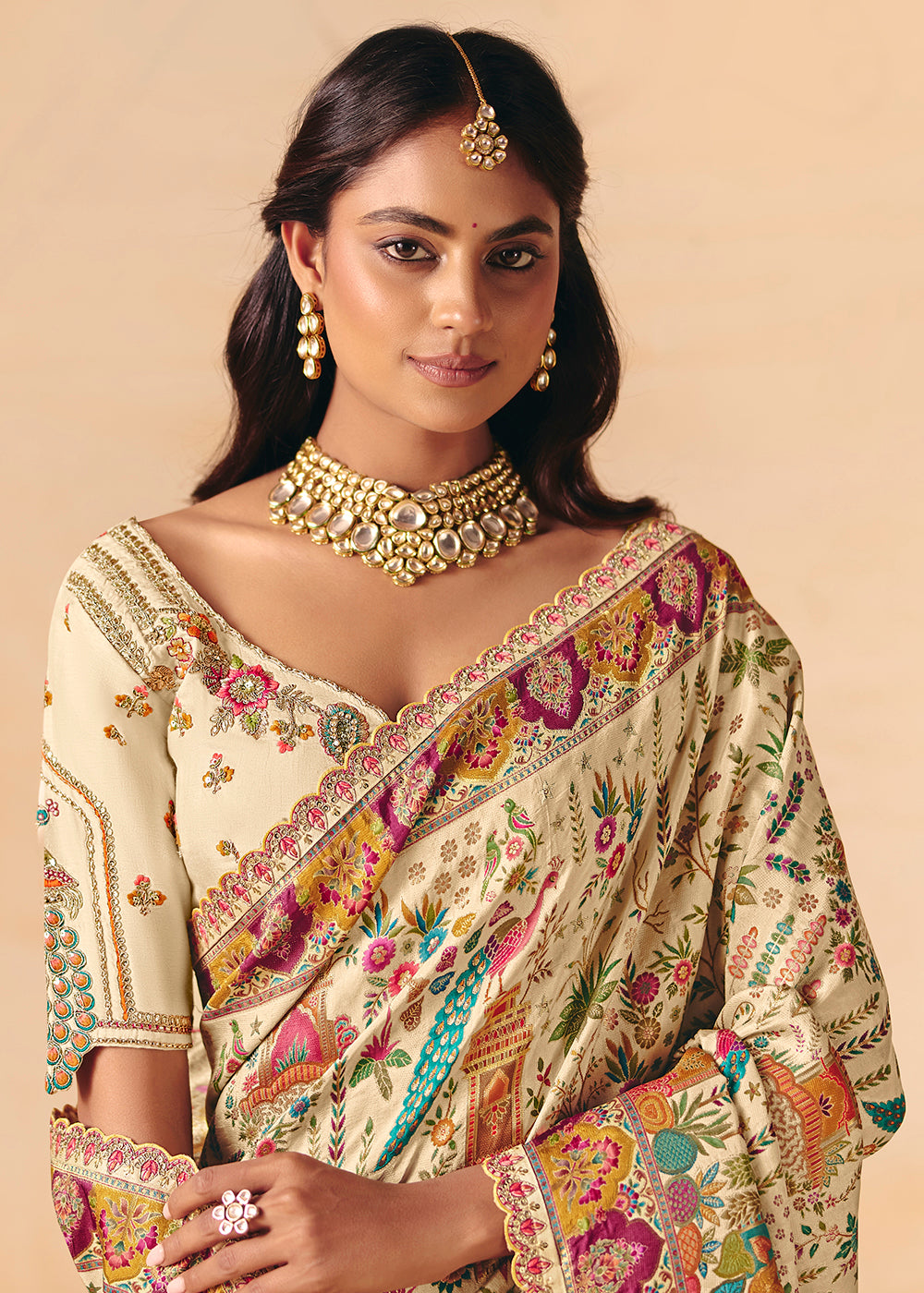 Buy Now Cream Dola Silk Indina Handloom Weaving Saree Online in US, UK, Canada, France, Germany, Denmark, Sweden, UAE, Greece, Italy & Worldwide at Empress.
