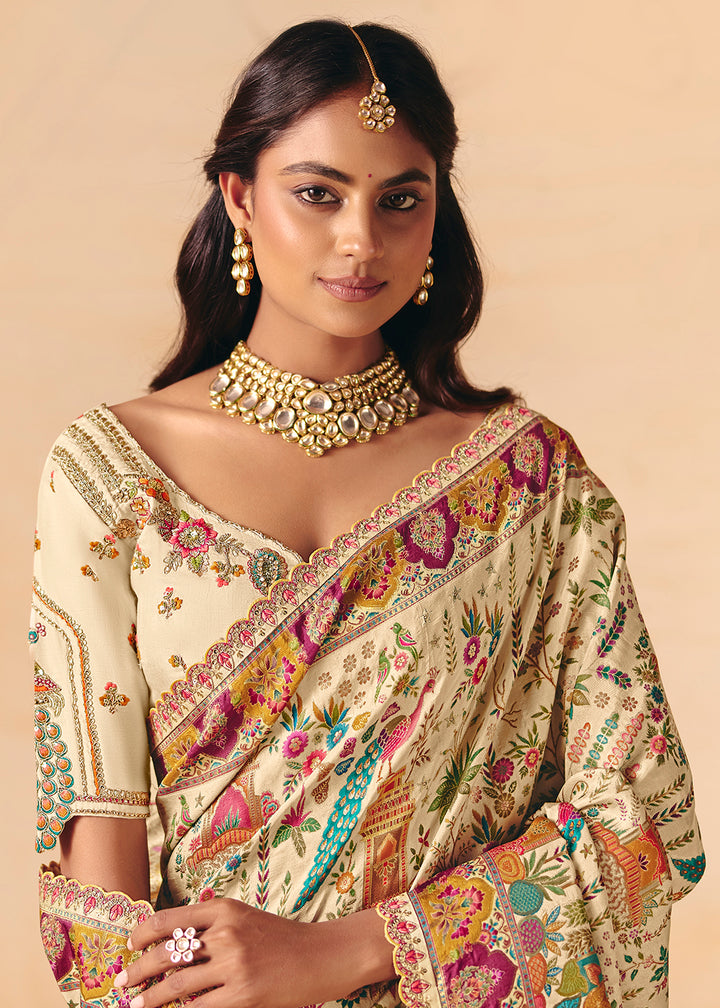 Buy Now Cream Dola Silk Indina Handloom Weaving Saree Online in US, UK, Canada, France, Germany, Denmark, Sweden, UAE, Greece, Italy & Worldwide at Empress.