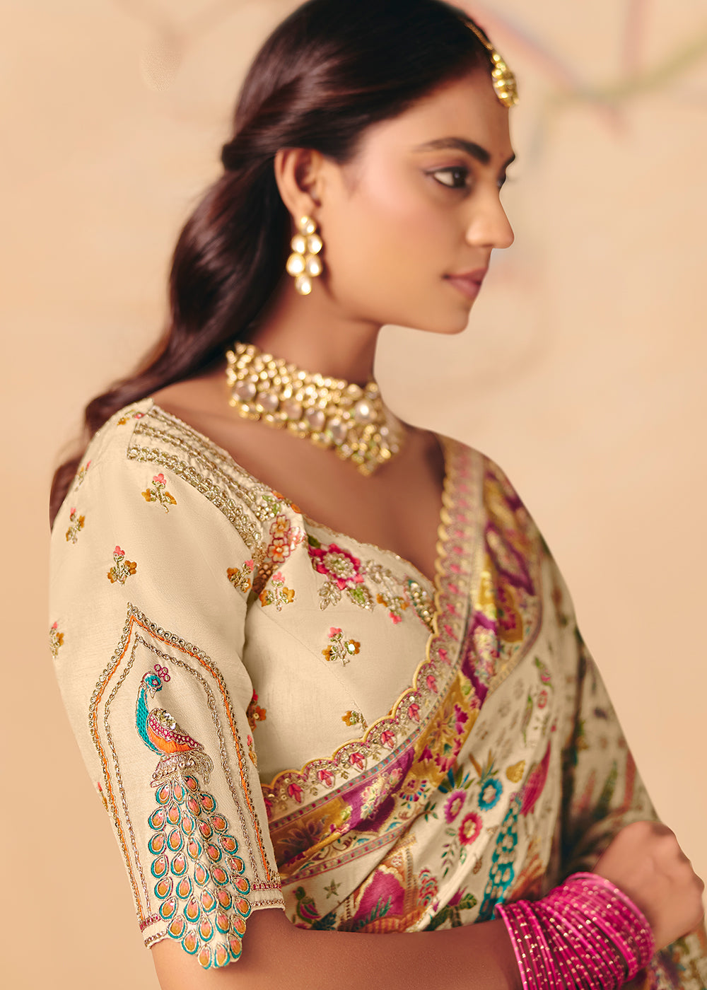Buy Now Cream Dola Silk Indina Handloom Weaving Saree Online in US, UK, Canada, France, Germany, Denmark, Sweden, UAE, Greece, Italy & Worldwide at Empress.