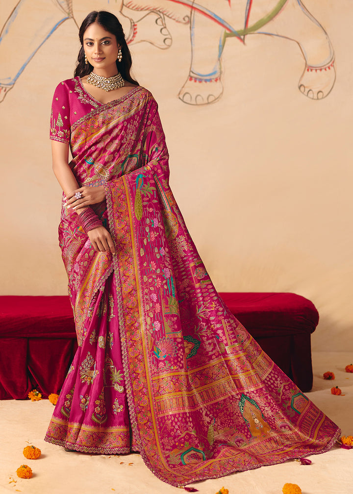 Buy Now Pink Dola Silk Indina Handloom Weaving Saree Online in US, UK, Canada, France, Germany, Denmark, Sweden, UAE, Greece, Italy & Worldwide at Empress.