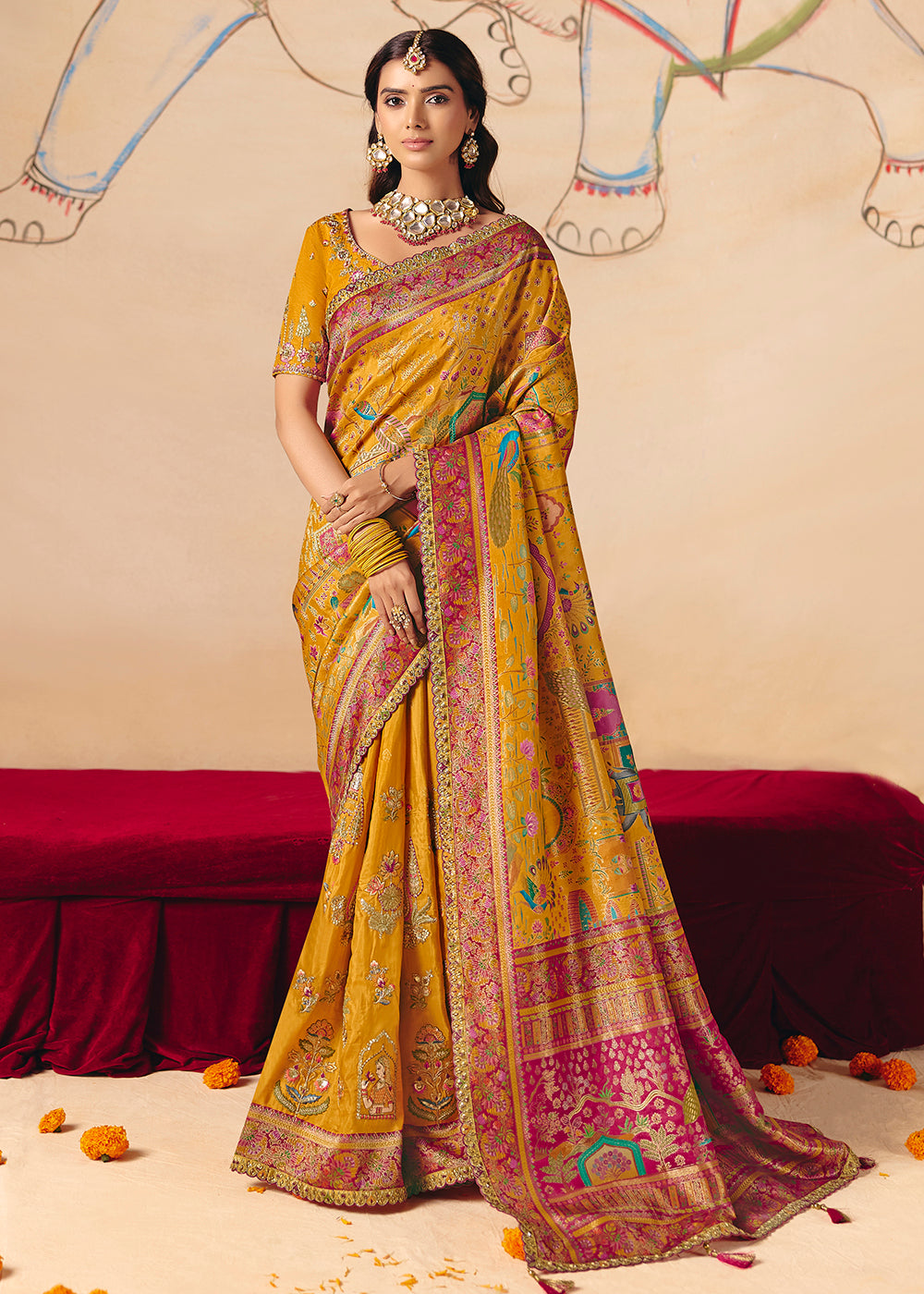 Buy Now Mustard Dola Silk Indina Handloom Weaving Saree Online in US, UK, Canada, France, Germany, Denmark, Sweden, UAE, Greece, Italy & Worldwide at Empress.