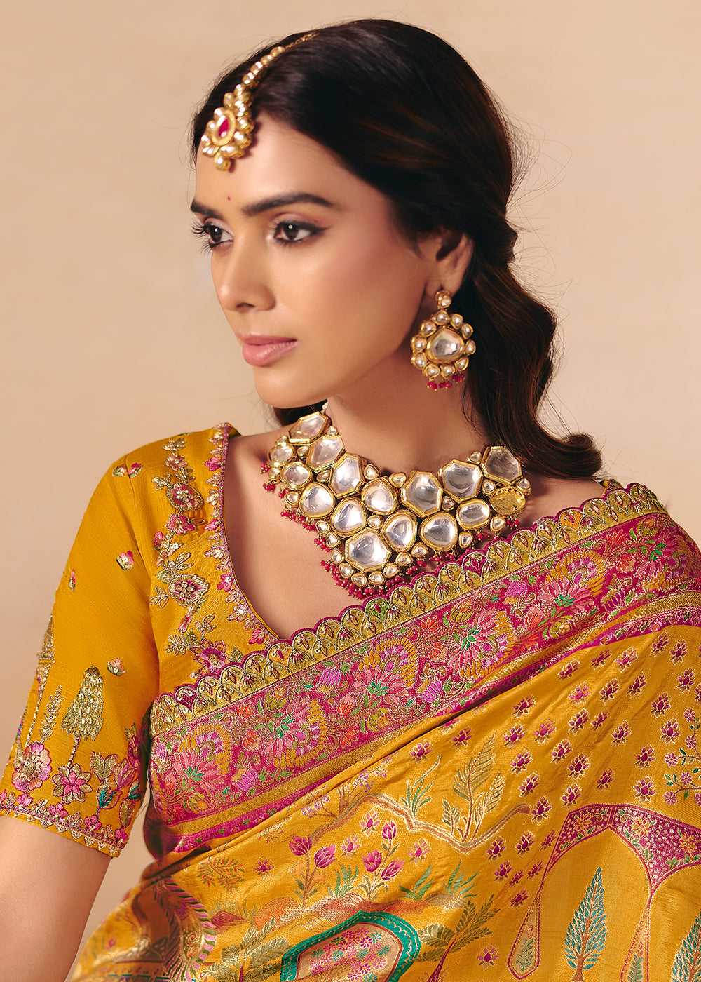 Buy Now Mustard Dola Silk Indina Handloom Weaving Saree Online in US, UK, Canada, France, Germany, Denmark, Sweden, UAE, Greece, Italy & Worldwide at Empress.