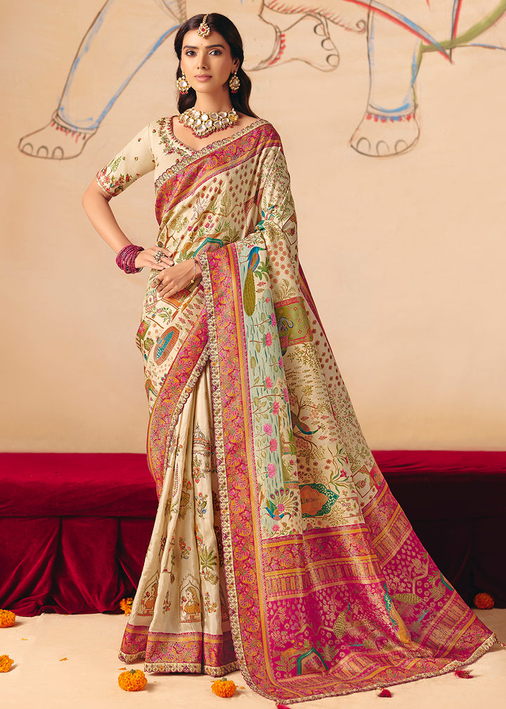 Buy Now Creamy Dola Silk Indina Handloom Weaving Saree Online in US, UK, Canada, France, Germany, Denmark, Sweden, UAE, Greece, Italy & Worldwide at Empress.