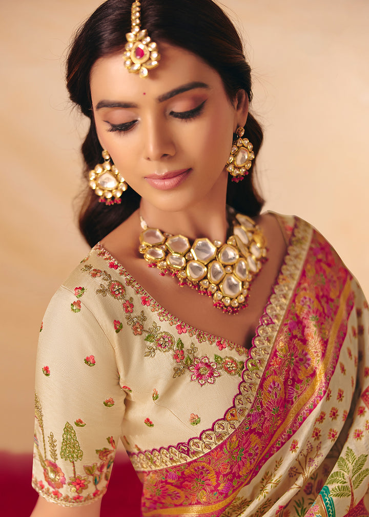 Buy Now Creamy Dola Silk Indina Handloom Weaving Saree Online in US, UK, Canada, France, Germany, Denmark, Sweden, UAE, Greece, Italy & Worldwide at Empress.