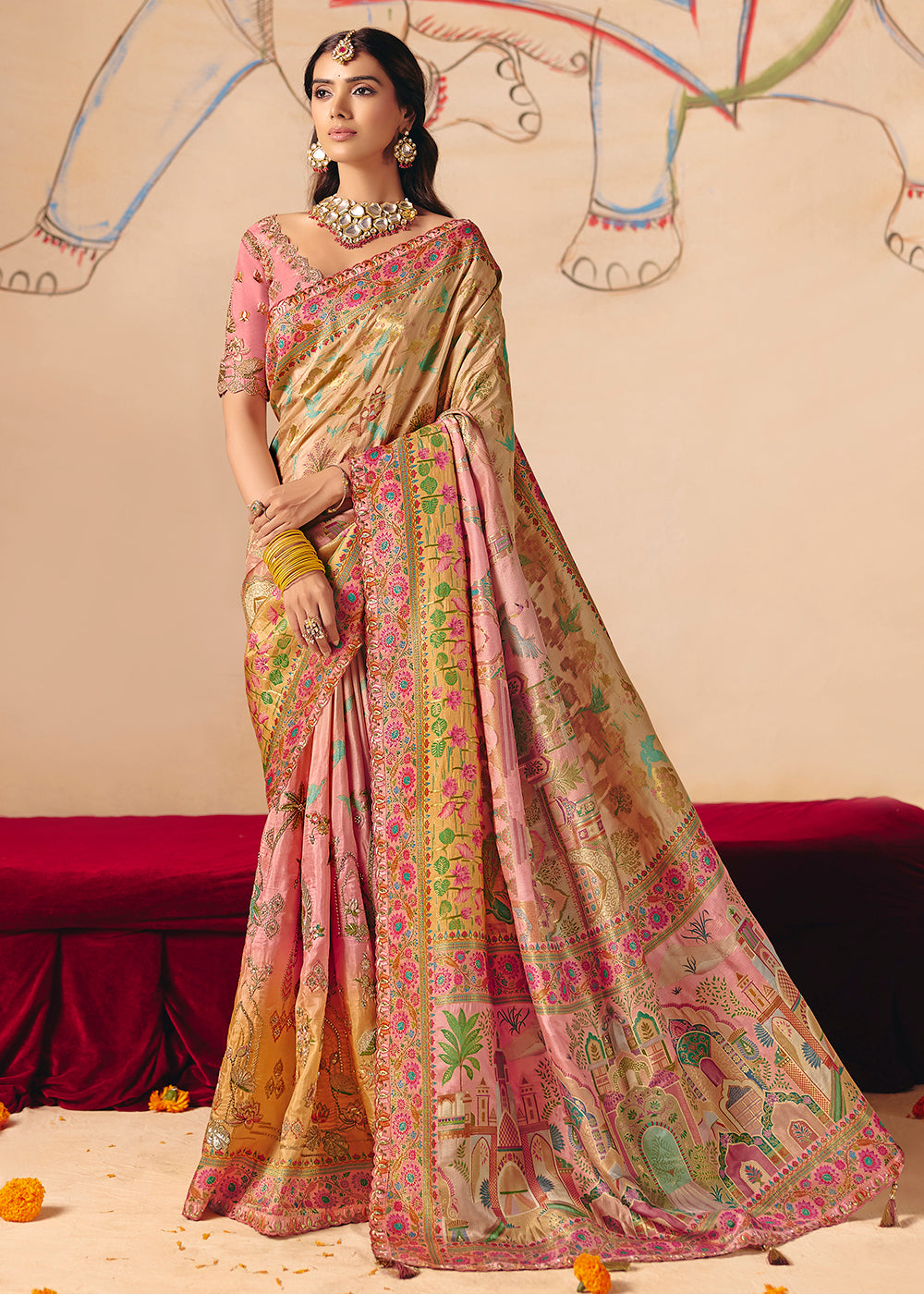 Buy Now Multicolor Dola Silk Indina Handloom Weaving Saree Online in US, UK, Canada, France, Germany, Denmark, Sweden, UAE, Greece, Italy & Worldwide at Empress.