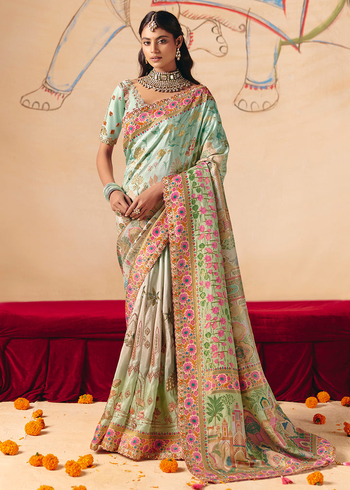 Buy Now Mint Green Dola Silk Indina Handloom Weaving Saree Online in US, UK, Canada, France, Germany, Denmark, Sweden, UAE, Greece, Italy & Worldwide at Empress